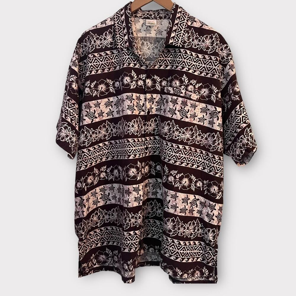 Happy Bay Hawaiian Shirt Men’s XXL Brown White Floral Turtle Spring Party